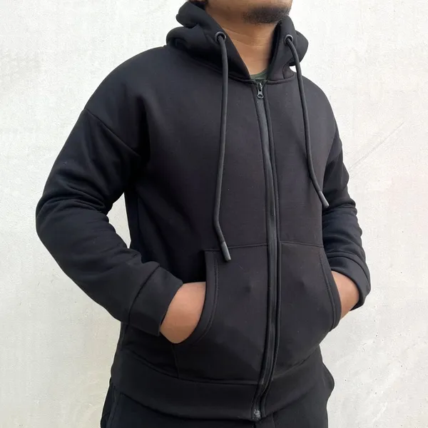 Black Winter Zip-Up Hoodie For Men
